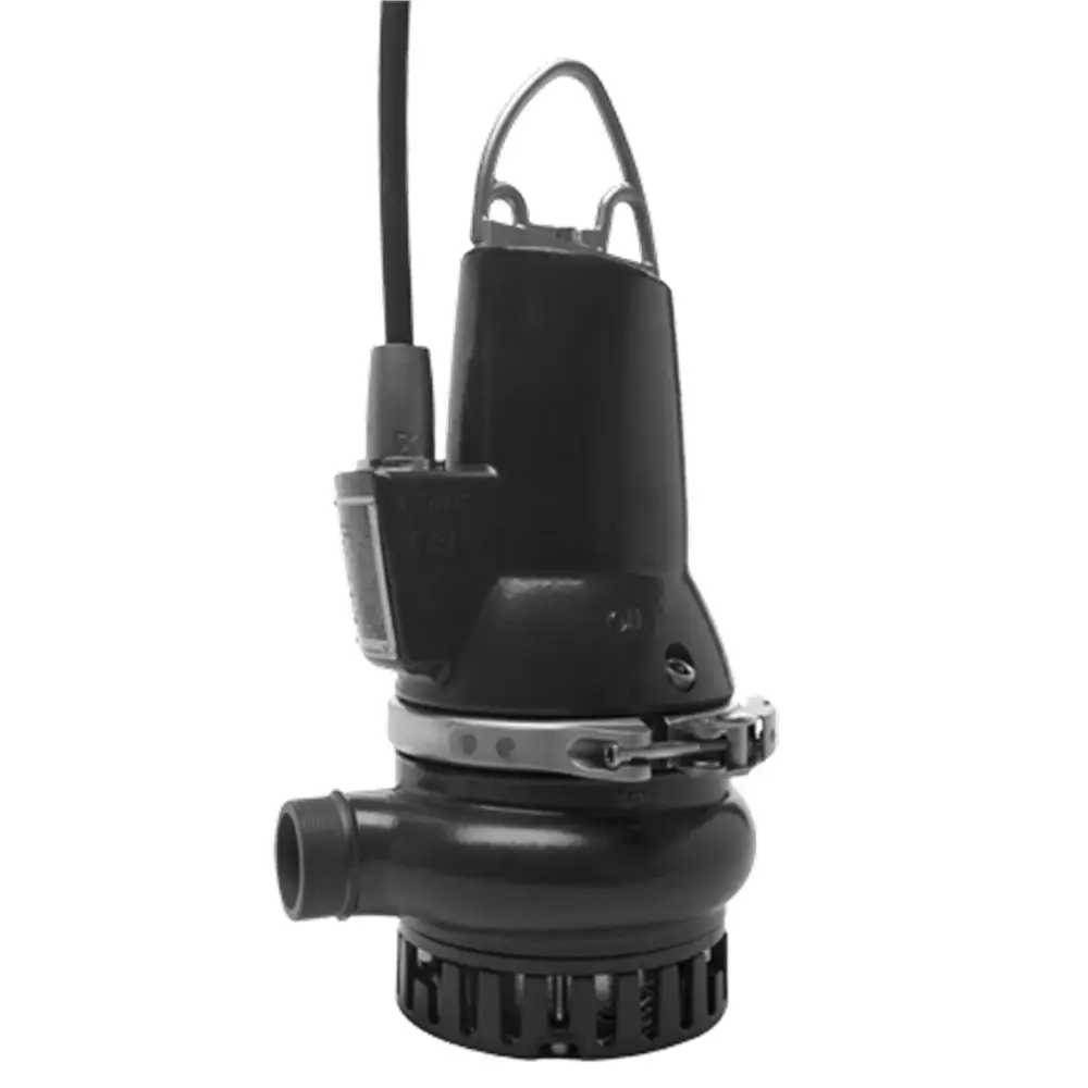 Tauchmotorpumpe von Grundfos mit schwarzem Gehäuse und einem Anschlussstutzen. Eignet sich für die Drainageanwendung. Kompaktes Design mit seitlichem Kabelanschluss.